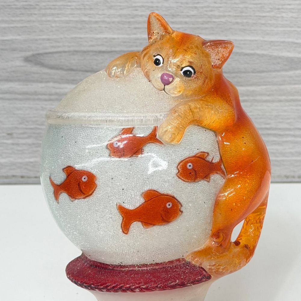 Orange Tabby Cat Fishbowl Night Light Plug In Glitter Resin Working Kitty Decor